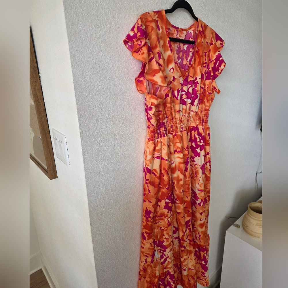 Orange and Pink Floral Midi Dress - Picture 4 of 8